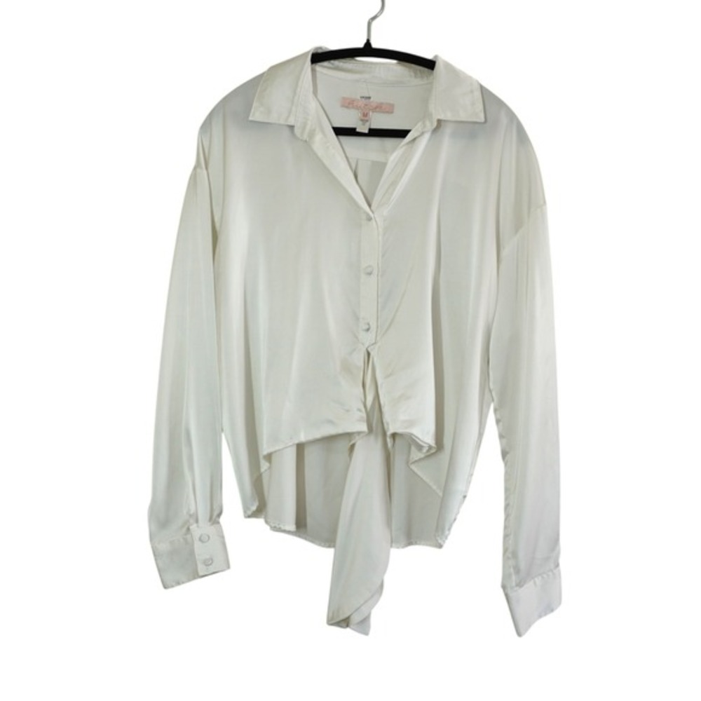 Hutch Medium White Cream Satin Tie Front Long Sleeve Button Down Blouse Chic